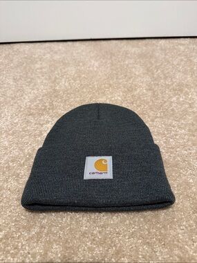 Carhartt Dark Charcoal Gray Cuffed Beanie with Gold Logo Patch
